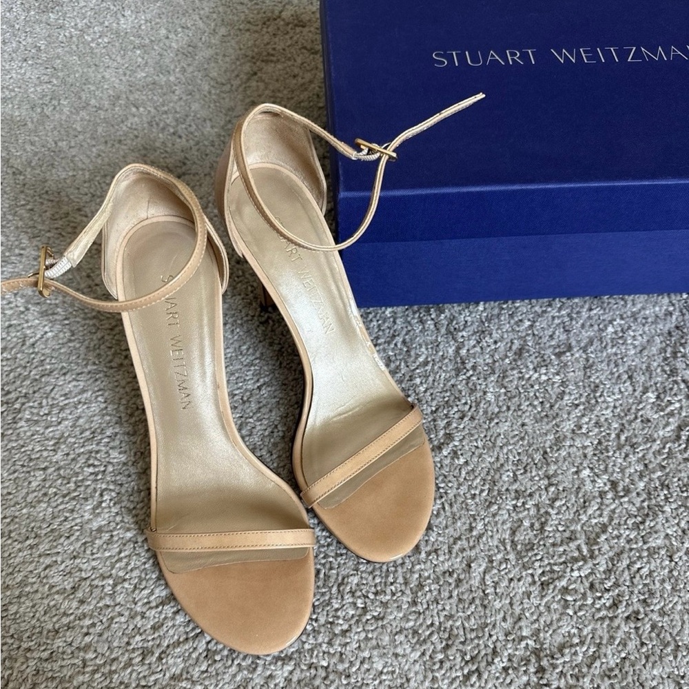 Stuart Weitzman Beige Ankle-Strap Open-Toe Heels